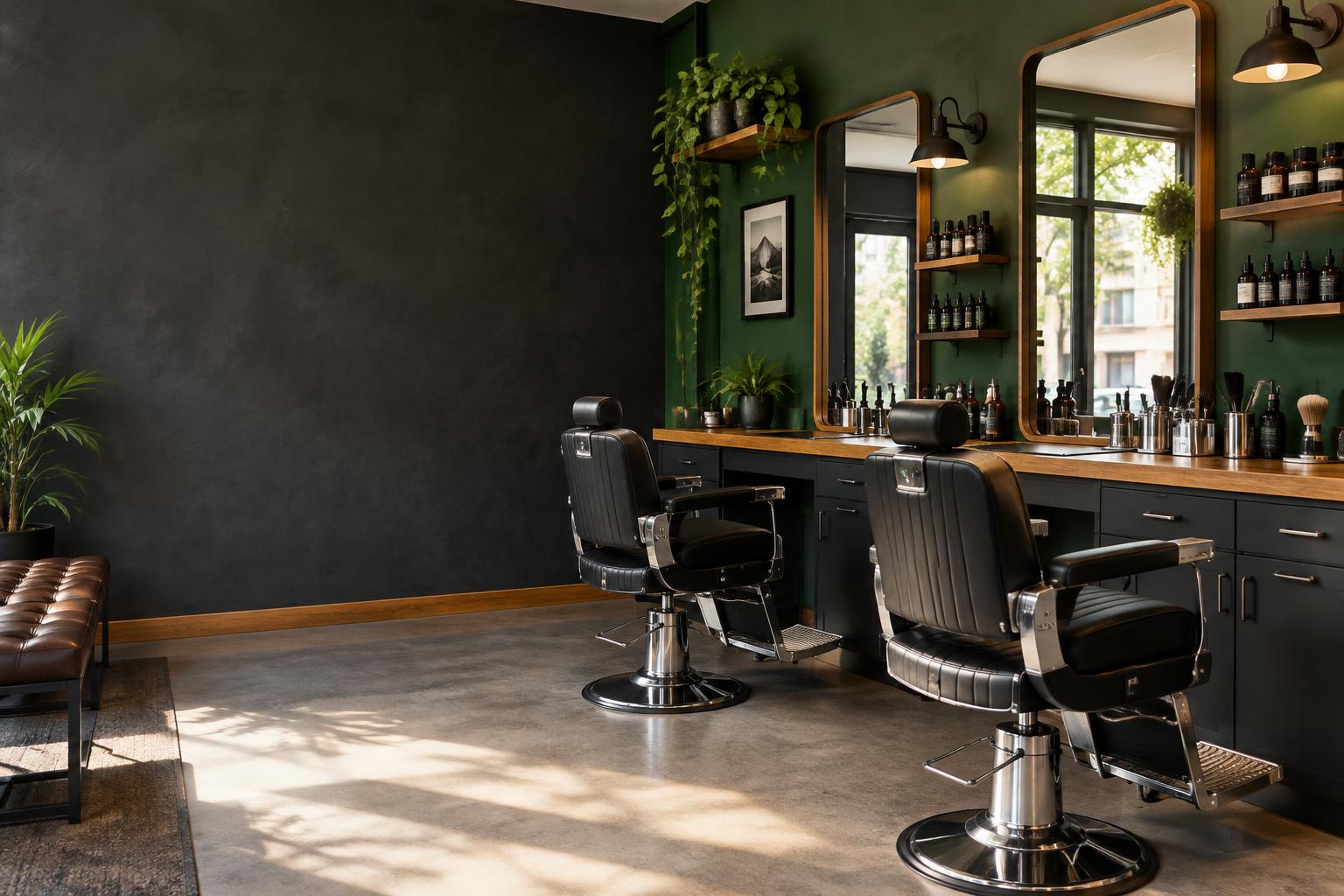 Interior de uma barbearia com cadeiras profissionais e produtos de cuidados masculinos